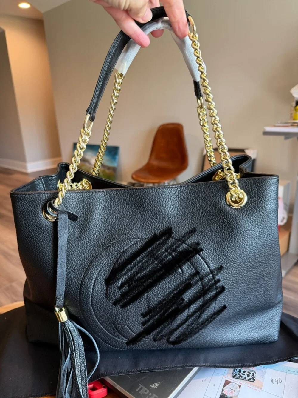 Black Leather Tote Bag with Gold Chain Handles - Picture 3 of 5